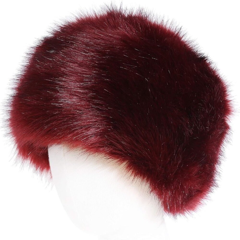 Women Burgendy Warm Winter Hat Faux Fur Russian Cossack Style